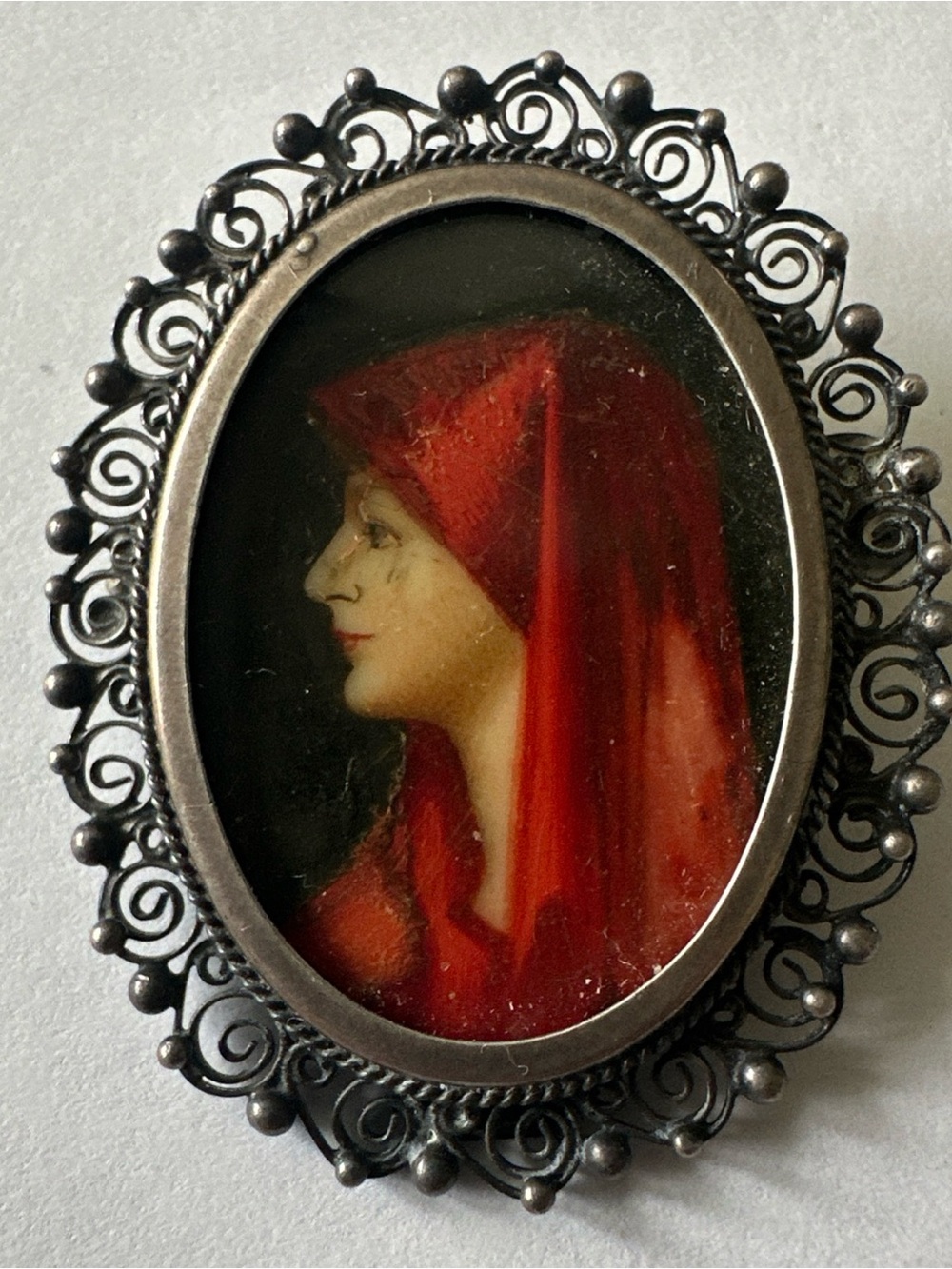 Antique 800 Silver St Fabiola Portrait Filigree Frame Cameo Brooch Pendant